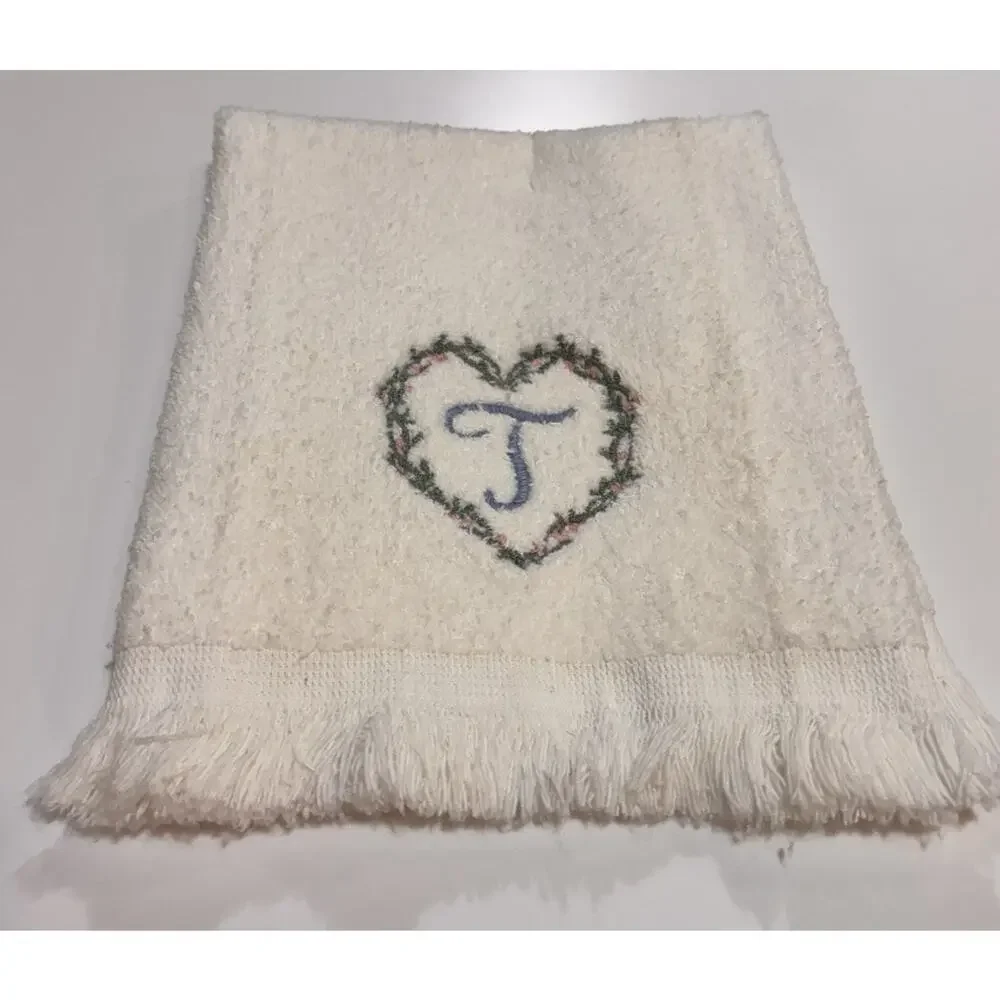 Vintage CANNON Monogrammed T Embroidered Hand Towel Pastel Floral Glam Set